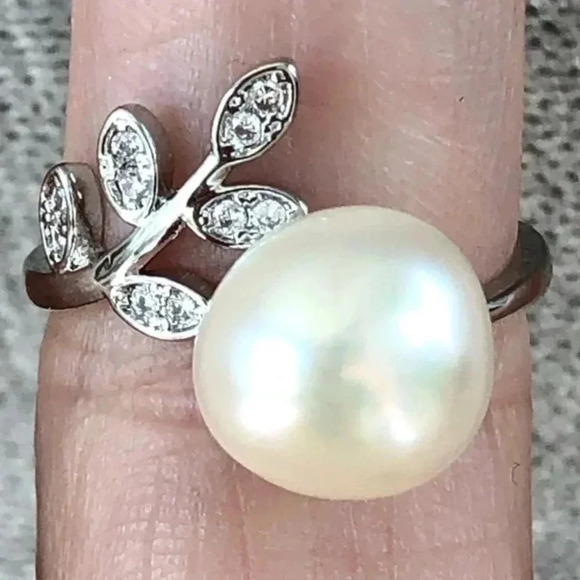Mama Bling Jewelry - 11-12mm Real White Baroque Pearl & Faux Diamond 925 Silver Adjustable Ring NEW
